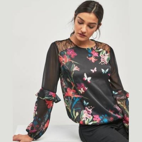 Next Women's Black Floral Border Print Sheer Long Sleeve Blouse Top - Picture 1 of 2